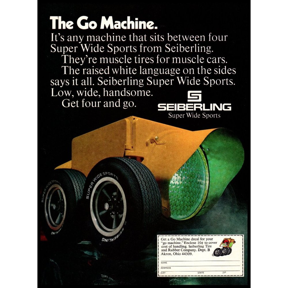 1970 Seiberling Super Wide Sports Tire Vintage Print Ad Traffic Light Wall Art